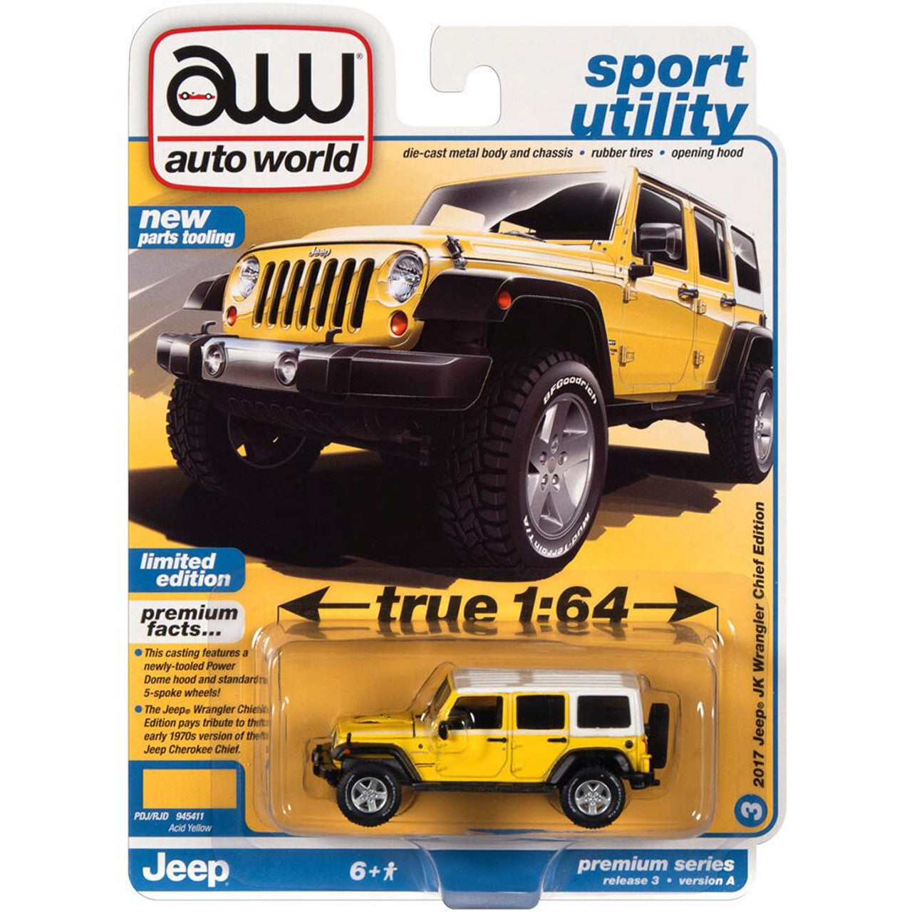 2017 Jeep Wrangler Chief Edition - Acid Yellow w/White Roof & White Side Stripe 1:64 Scale Diecast Replica Model