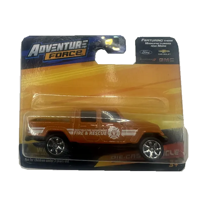 Orange Adventure Force Jeep Gladiator diecast truck with Eastvale Fire & Rescue graphics in original blister packaging — Offroad Collectibles.