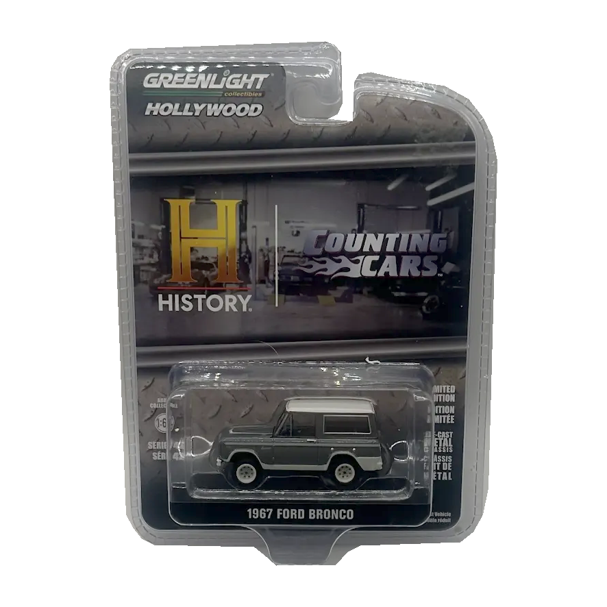GreenLight Hollywood Counting Cars 1967 Ford Bronco in metallic silver with white roof, in original blister packaging — Offroad Collectibles.