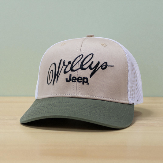 Hat - Jeep Willys Script - Olive/Khaki/White — Offroad Collectibles.