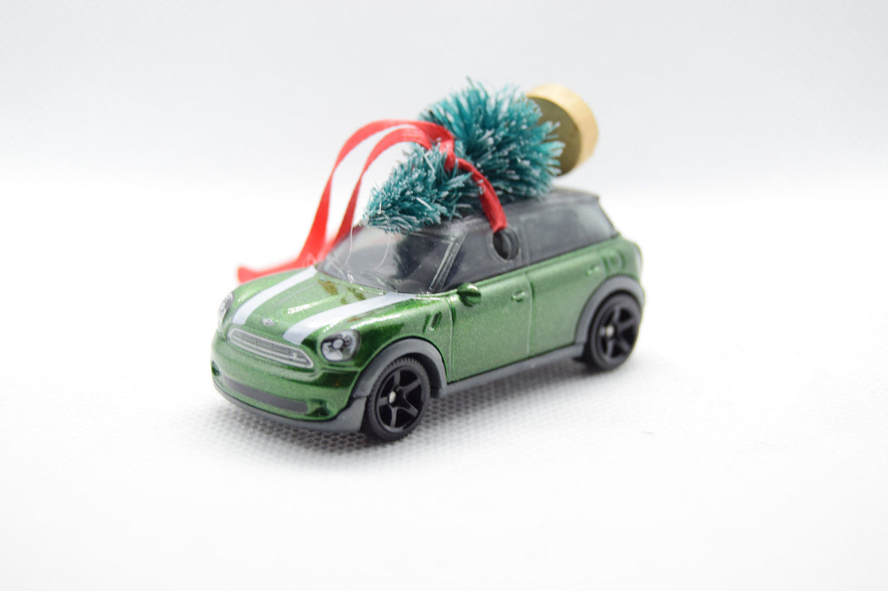 Green Mini Cooper with a Tree on Top Christmas Ornament