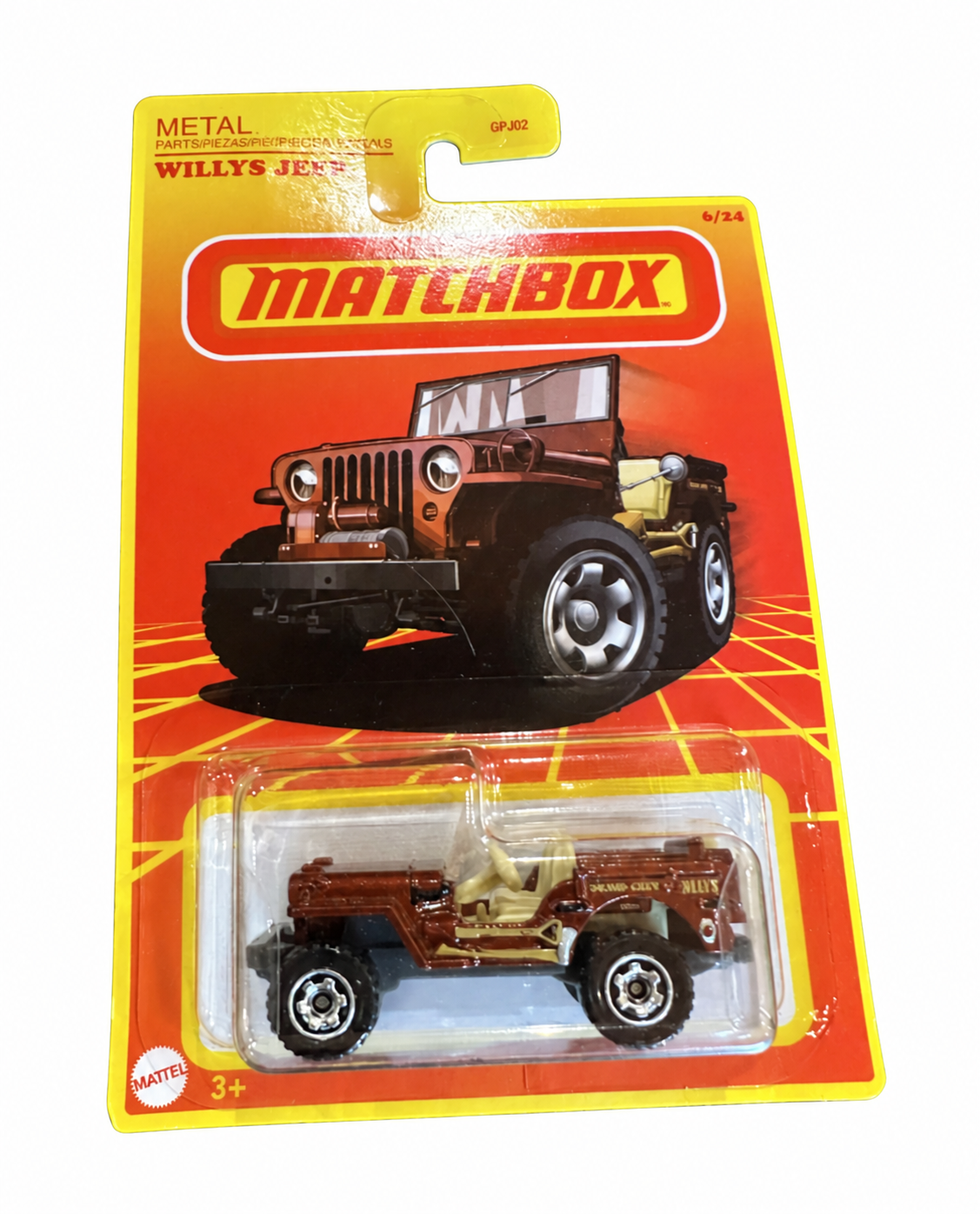 Matchbox Willys Jeep in brown with tan interior, Retro Series 6/24, in original yellow and orange blister packaging — Offroad Collectibles.