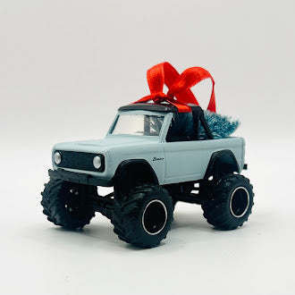 Light Blue Ford Bronco Ornament with Tree