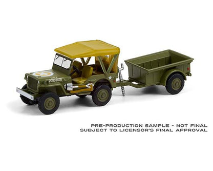 Greenlight 1:64 Hitch & Tow Series 22 - 1943 Willys MB Jeep with M5 Liquid Vesicant Detector Invasion Star and 1/4 Ton Cargo Trailer
