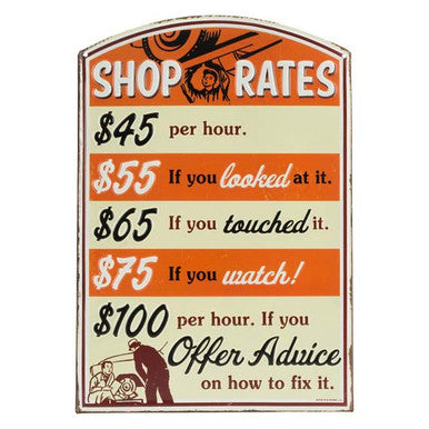 SHOP RATES ORANGE EMBOSSED TIN SIGN — Offroad Collectibles.