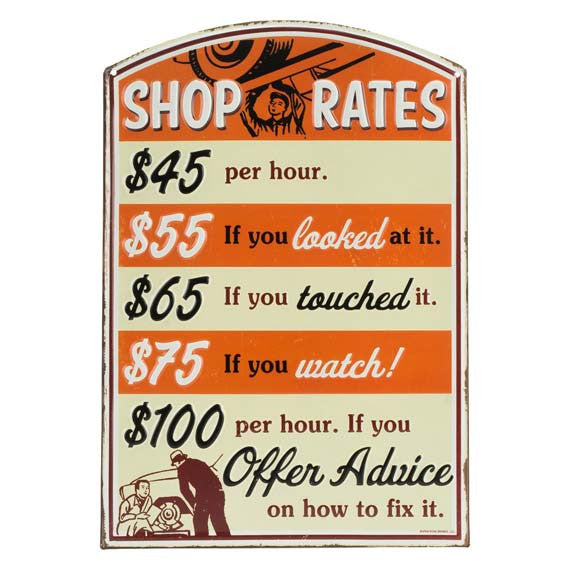 SHOP RATES ORANGE EMBOSSED TIN SIGN