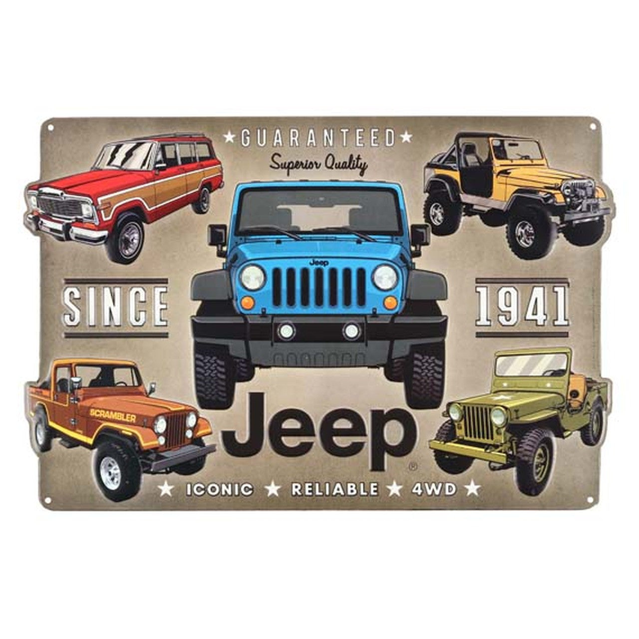 JEEP EMBOSSED TIN SIGN IONIC, RELIABLE,4WD