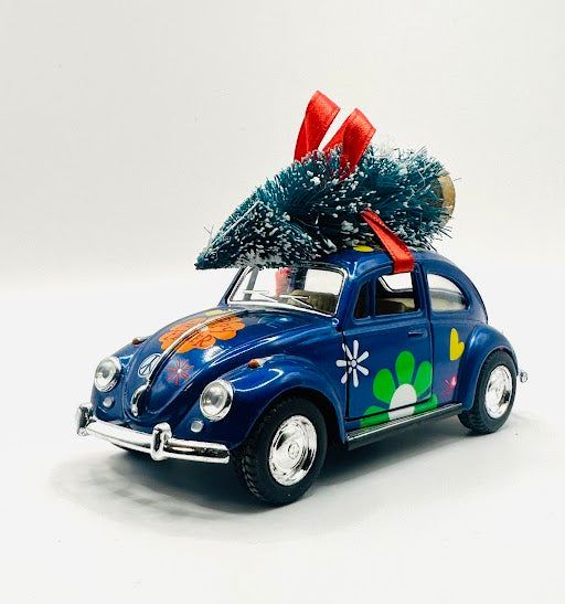 Front view of a blue happy flower beetle bug diecast ornament with tree-offroad collectibles