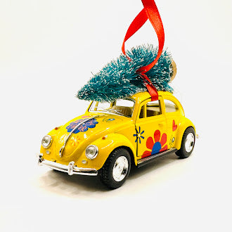 Angle View of Happy Flower Yellow VW Bug ornament offroad collectibles