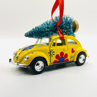 Side View of Happy Flower Yellow VW Bug ornament offroad collectibles