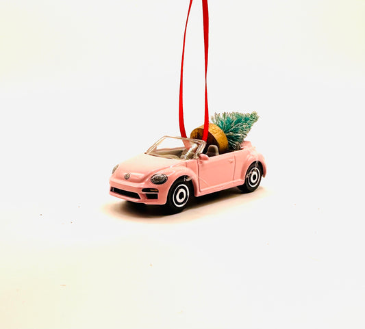 Pink Beetle Convertible Christmas Ornament with Tree
