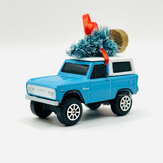 Light blue vintage Ford Bronco ornament collectible - side view