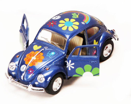A blue toy model car decorated with colorful retro flowers, stars, and a rainbow, shown on a plain white background with its doors open.