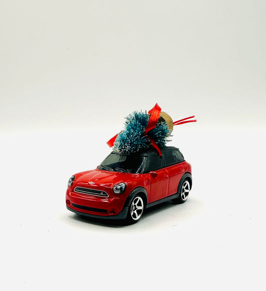 Red Mini Countryman with Tree ornament with white background