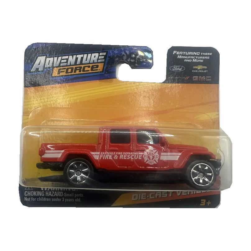 Red Adventure Force Jeep Gladiator diecast truck with Eastvale Fire & Rescue graphics in original blister packaging — Offroad Collectibles.