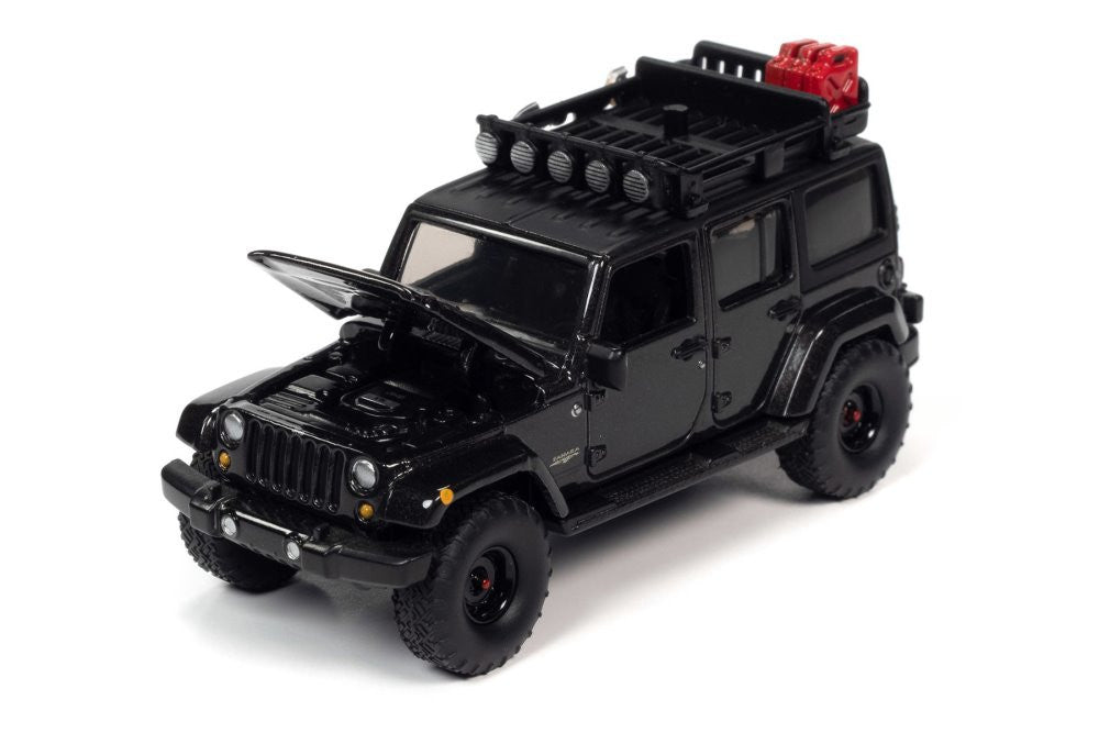 2017 Jeep Wrangler Sahara Unlimited, Gloss Black w/Roof Rack & Off Road Wheels - Auto World AW64322/48B - 1/64 scale Diecast Model Toy Car