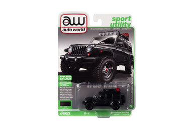 2017 Jeep Wrangler Sahara Unlimited, Gloss Black w/Roof Rack & Off Road Wheels - Auto World AW64322/48B - 1/64 scale Diecast Model Toy Car