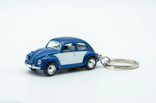 Blue and white VW Beetle diecast keychain with metal keyring
