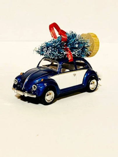 Beetle Bug Blue and White Diecast Ornament with Tree