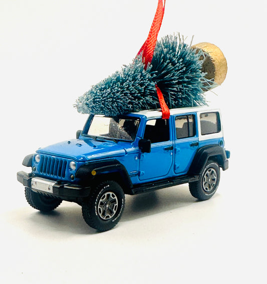 Chief Blue Jeep Wrangler JK Unlimited 4-door diecast ornament with Christmas tree and red ribbon - side view