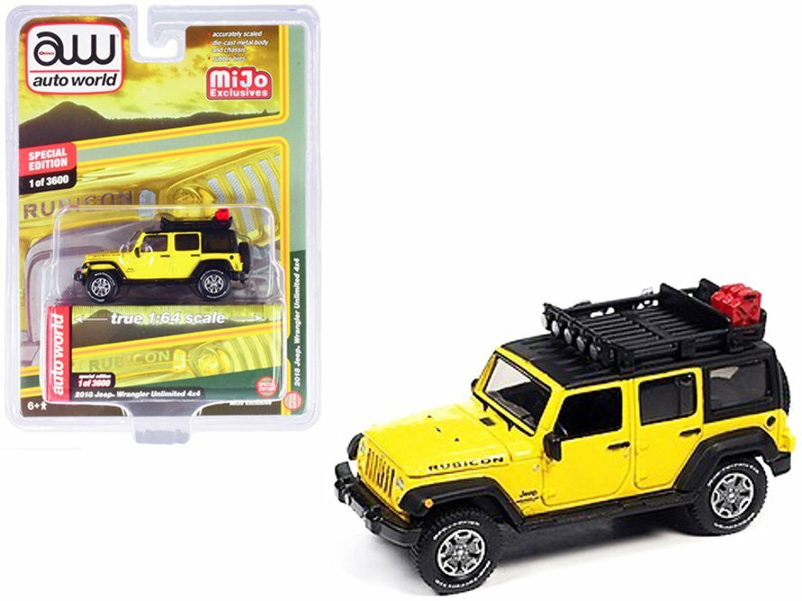 Auto World 1:64 Custom 2018 Jeep Wrangler Rubicon Unlimited Yellow Roof Rack
