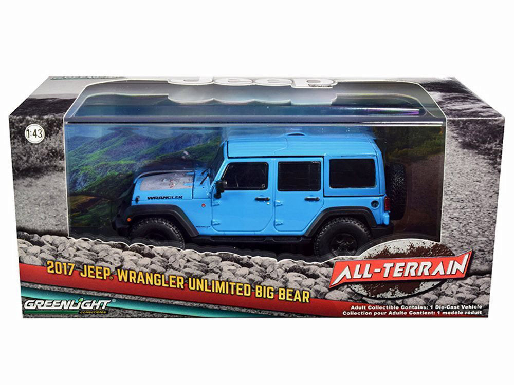 Greenlight 1:43 All-Terrain - 2017 Jeep Wrangler Unlimited Big Bear Edition with map on hood - Blue — Offroad Collectibles.