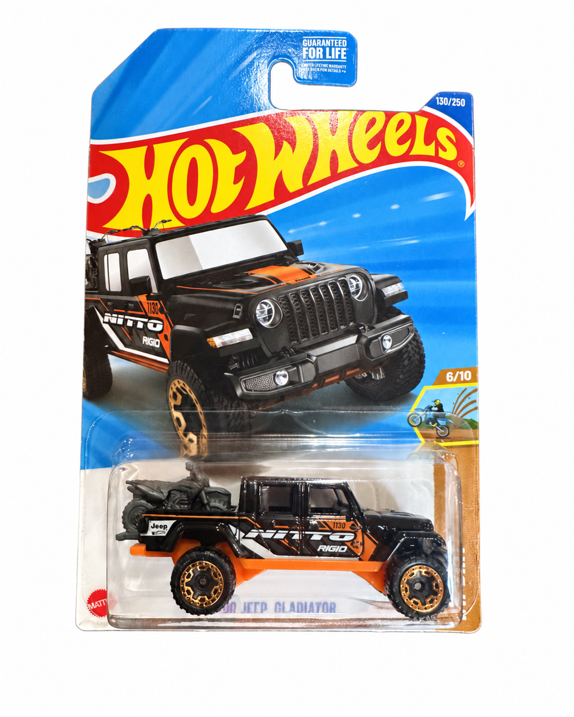 Hot Wheels 2020 Jeep Gladiator in black and orange with Nitto and Rigid graphics, HW Dirt 6/10 and 130/250, in original blister packaging — Offroad Collectibles.