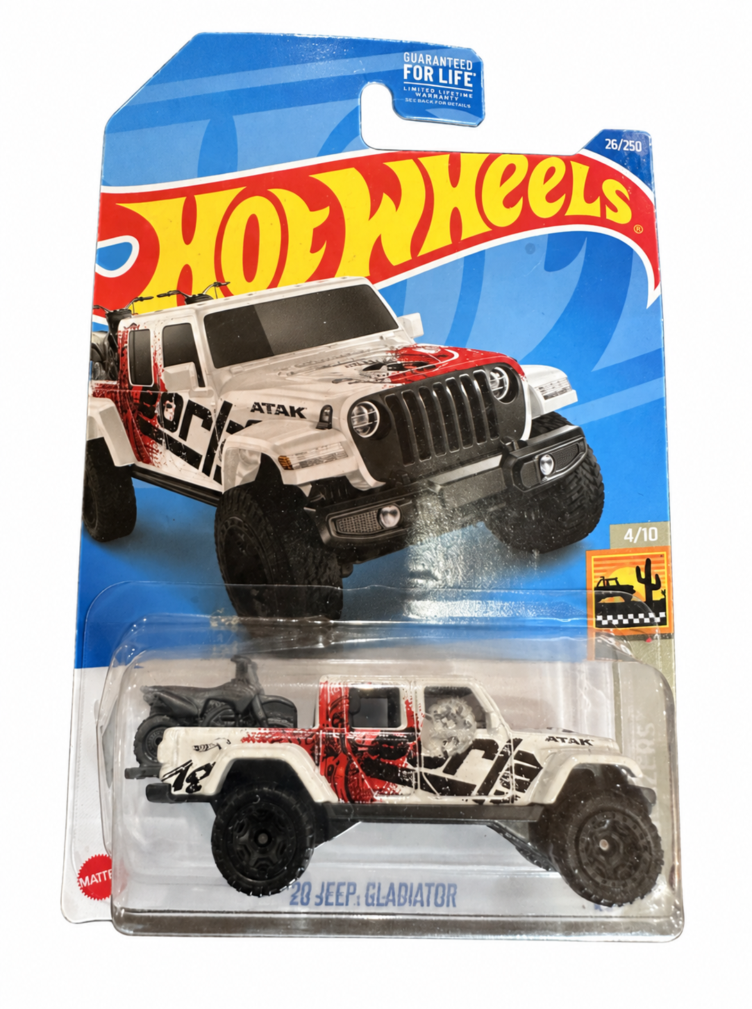 Hot Wheels 2020 Jeep Gladiator in white with red and black Borla graphics, Baja Blazers 4/10 and 26/250, in original blister packaging — Offroad Collectibles.