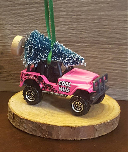 Jeep CJ5 Pink Christmas Ornament with Tree