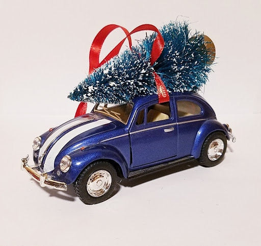 Volkswagon Beetle Bug Ornament with Tree Blue with Stripes