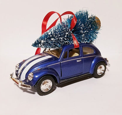 Volkswagon Beetle Bug Ornament with Tree Blue with Stripes