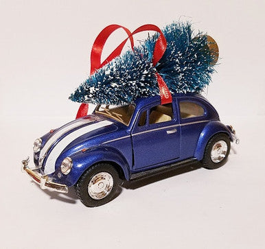 Volkswagon Beetle Bug Ornament with Tree Blue with Stripes