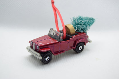 Maroon Jeepster Commando convertible ornament with Christmas tree