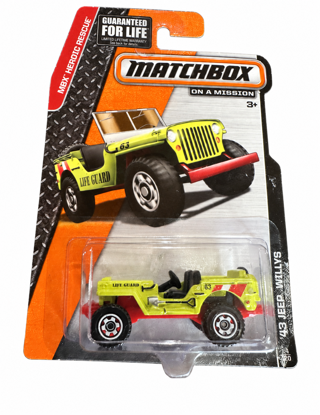 Matchbox 1943 Jeep Willys in yellow-green with Life Guard 63 graphics and red base, MBX Heroic Rescue, in original blister packaging — Offroad Collectibles.