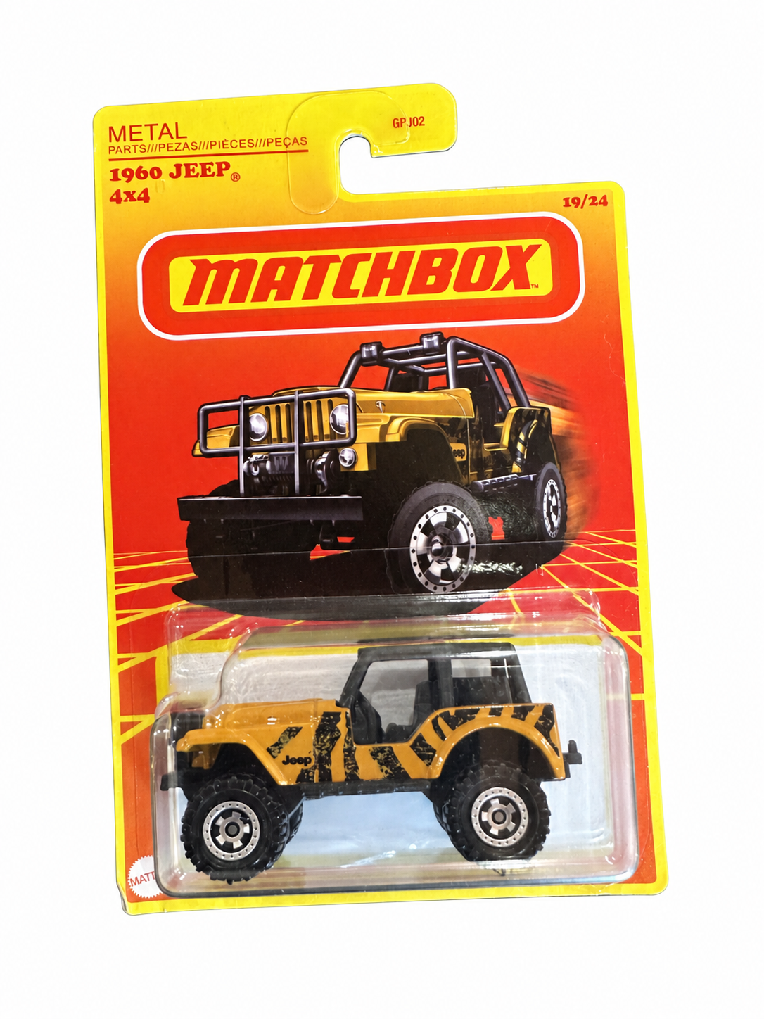 Matchbox Retro Series 1960 Jeep 4x4 in yellow with black tiger stripes, number 19/24, in original blister packaging — Offroad Collectibles.