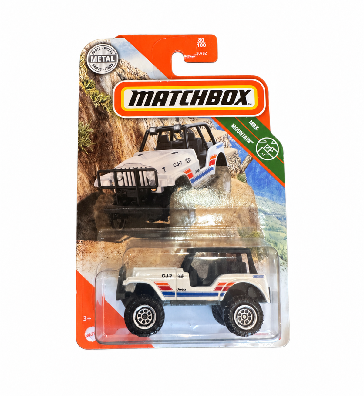 Matchbox Jeep CJ-7 4x4 in white with red, orange and blue stripes, MBX Mountain 80/100, in original blister packaging — Offroad Collectibles.