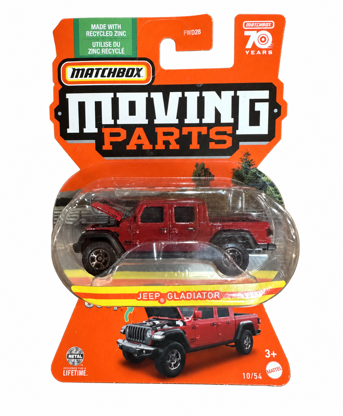 Matchbox Jeep Gladiator in dark red with opening hood, Moving Parts 10/54, in original 70 Years blister packaging — Offroad Collectibles.