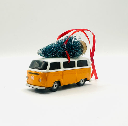 Orange VW Bus Type 2 camper van ornament with Christmas tree and red ribbon