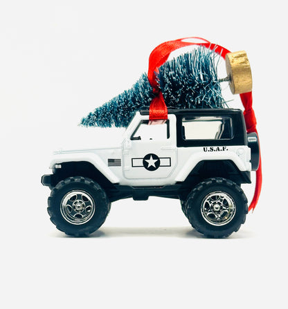 White Jeep Wrangler JK 2-door diecast ornament with U.S.A.F. Air Force star insignia, American flag, and Christmas tree - side view