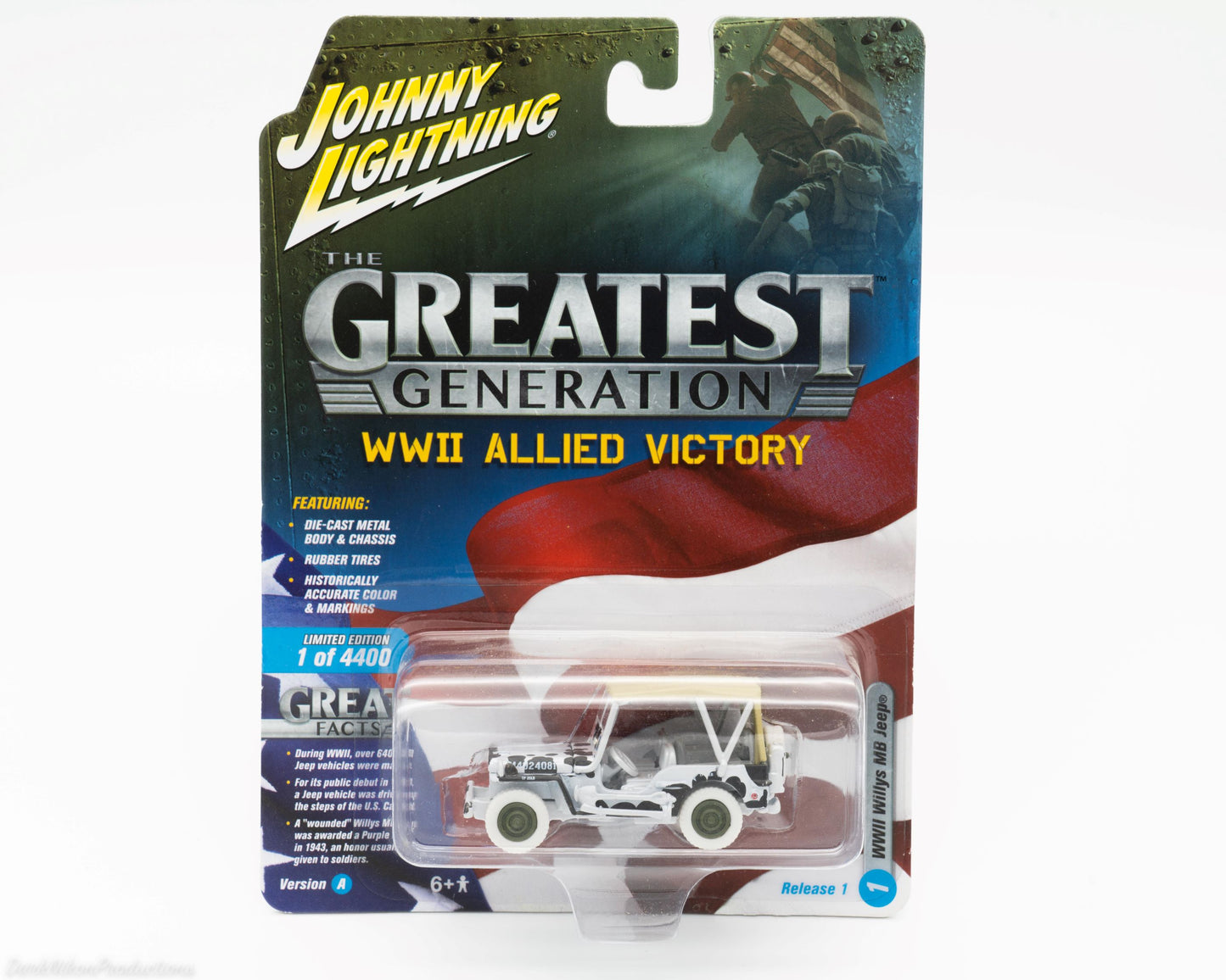 WWII Willys MB Jeep white chase car in package - Johnny Lightning Greatest Generation Allied Victory limited edition 1 of 4400